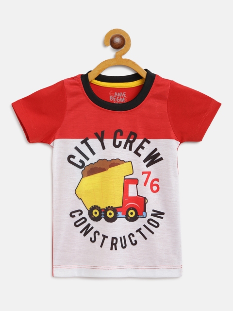 GAME BEGINS Boys Red White Pure Cotton Printed Round Neck Pure Cotton T-shirt