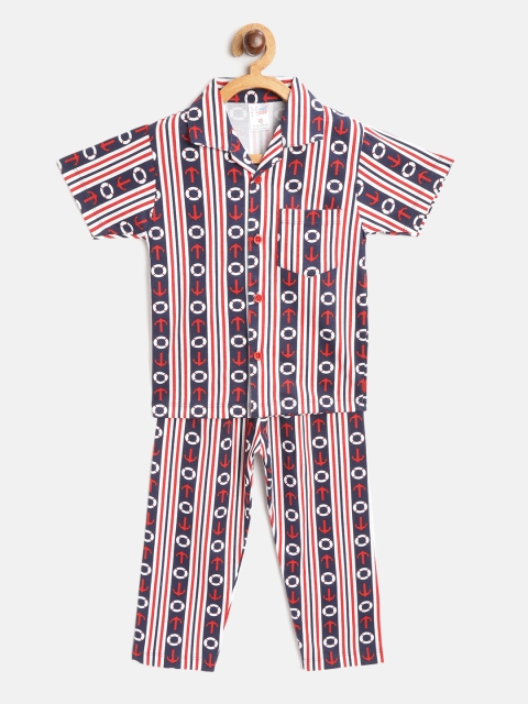 NAUTI KIDZ Boys Navy Blue & Red Pure Cotton Striped Night Suit With Nautical Print Detail
NAUTI KIDZ Boys Navy Blue & Red Pure Cotton Striped Night Suit With Nautical Print Detail