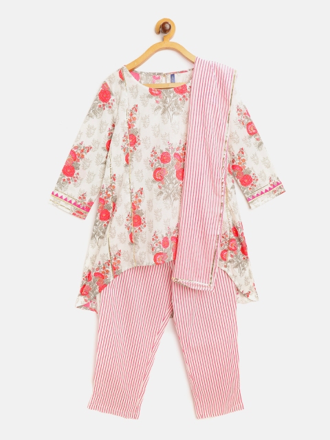 YK Girls Off-White & Pink Floral Print Pure Cotton Kurta with Striped Trousers & Dupatta
YK Girls Off-White & Pink Floral Print Pure Cotton Kurta with Striped Trousers & Dupatta