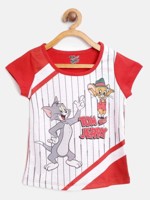 Eteenz Girls Red & Off-White Striped Pure Cotton T-shirt with Tom & Jerry Print Detail
Eteenz Girls Red & Off-White Striped Pure Cotton T-shirt with Tom & Jerry Print Detail