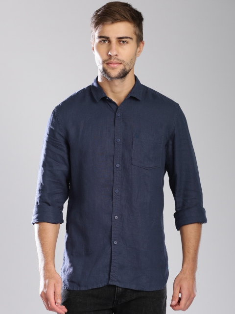 Bossini Navy Linen Contemporary Fit Casual Shirt, Navy blue