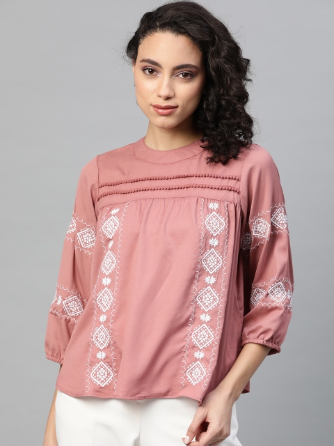 plusS Women Pink & White Embroidered Top