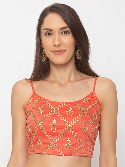 Globus Women Orange Embroidered Crop Top