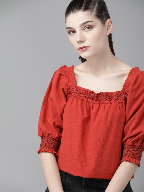 The Roadster Lifestyle Co Women Red Puff Sleeves Smocked Pure Cotton Solid Regular Top
The Roadster Lifestyle Co Women Red Puff Sleeves Smocked Pure Cotton Solid Regular Top