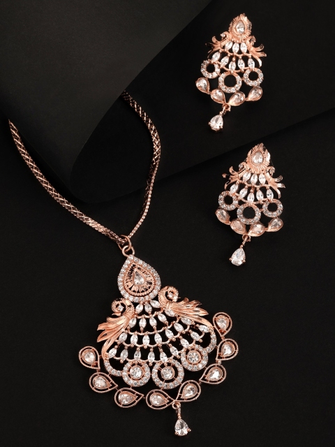 Rubans Rose Gold-Plated & White Cubic Zirconia Studded Peacock Design Handcrafted Pendant Jewellery Set
Rubans Rose Gold-Plated & White Cubic Zirconia Studded Peacock Design Handcrafted Pendant Jewellery Set