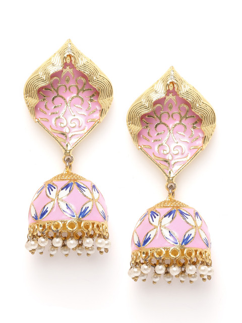 Zobby Pink & Blue Gold-Plated Hand Painted Beaded Dome Shaped Jhumkas 
Zobby Pink & Blue Gold-Plated Hand Painted Beaded Dome Shaped Jhumkas