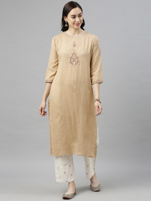 AHIKA Women Beige & Off-White Embroidered Kurta with Trousers 
AHIKA Women Beige & Off-White Embroidered Kurta with Trousers
