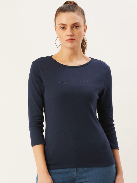 United Colors of Benetton Women Navy Blue Solid Cotton Round Neck T-shirt