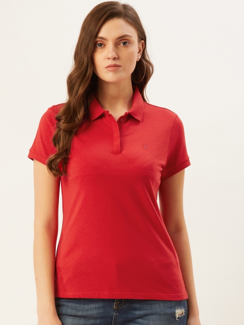 United Colors of Benetton Women Red Solid Cotton Polo Collar T-shirt