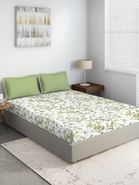 DDecor Green & White Floral 144 TC Queen Bedsheet With 2 Pillow Covers