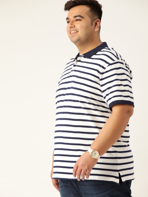 Sztori Men Plus Size White Navy Blue Striped Pure Cotton T-shirt