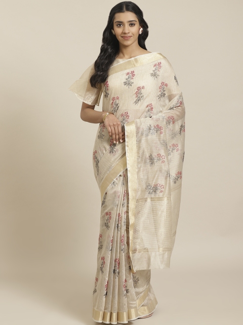Mitera Off-White Golden Printed Maheshwari Liva Saree