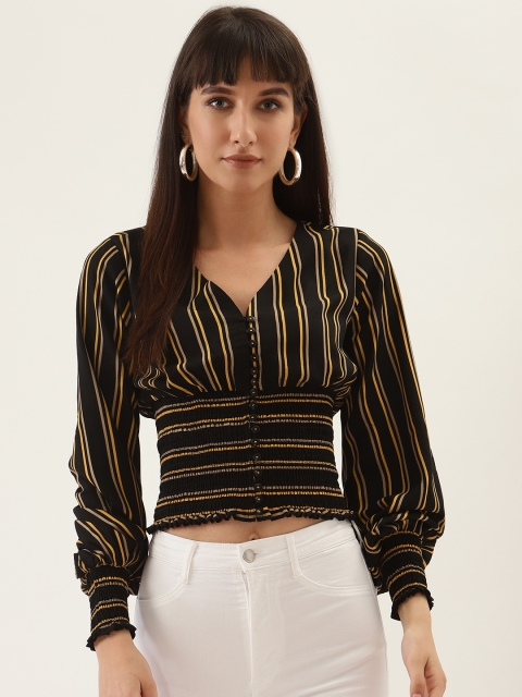QUIERO Women Black & Yellow Striped Fitted Top