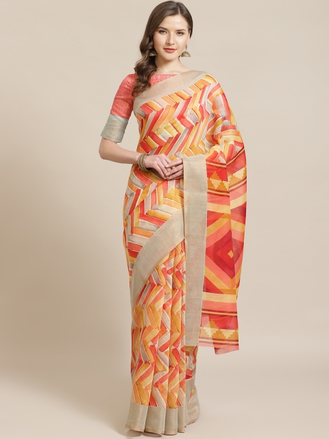 Shangrila Creation Orange & Red Printed Block Print Saree