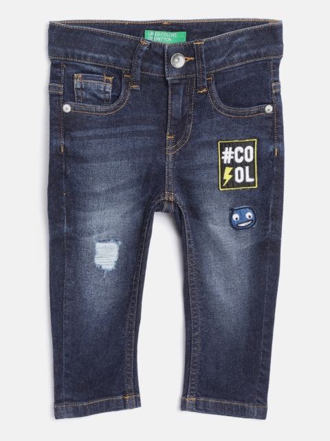 United Colors of Benetton Boys Navy Blue Washed Carrot Fit Stretchable Jeans