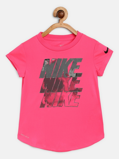Nike Girls Fuchsia Pink Futura Water Dri-FIT Brand Logo Round Neck Scoop T-shirt