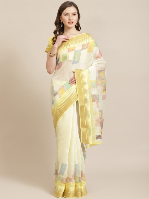 Mitera Yellow Printed Block Print Saree