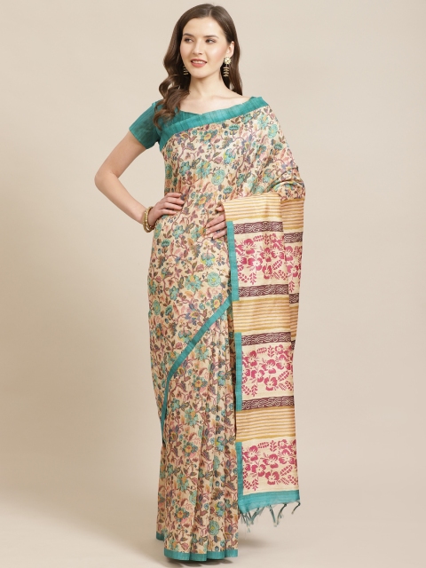 Mitera Beige & Green Floral Printed Bhagalpuri Saree