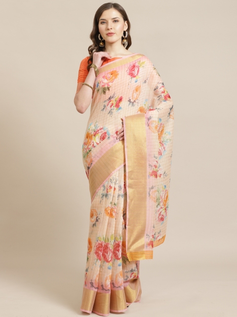 Shangrila Creation Peach-Coloured & Red Pure Linen Floral Printed Khadi Saree