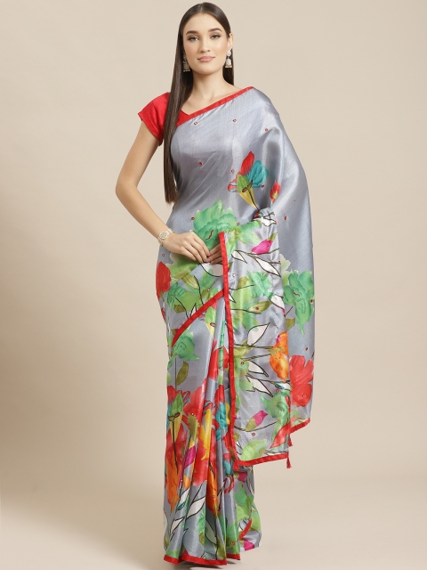 Tikhi Imli Charcoal Grey & Red Kutchi Mirror Work Floral Printed Saree