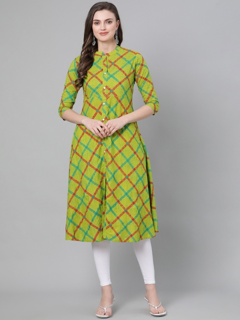 mokshi Women Green & Blue Printed A-Line Kurta