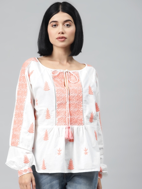 I AM FOR YOU Women White & Peach-Coloured Embroidered Puff Sleeves Pure Cotton A-Line Top
I AM FOR YOU Women White & Peach-Coloured Embroidered Puff Sleeves Pure Cotton A-Line Top