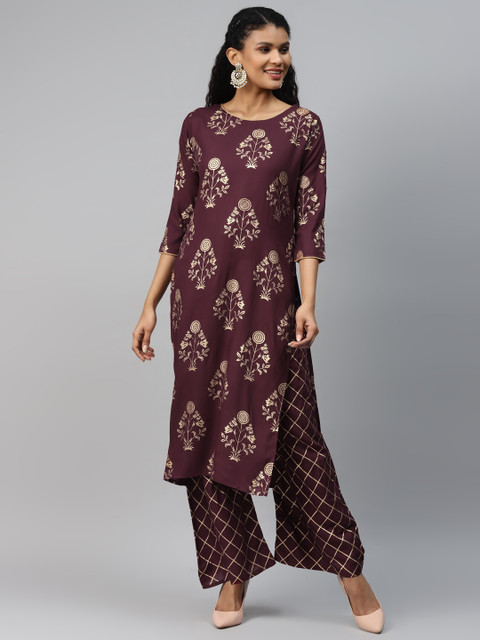 KALINI Women Burgundy & Golden Printed Kurta with Palazzos 
KALINI Women Burgundy & Golden Printed Kurta with Palazzos