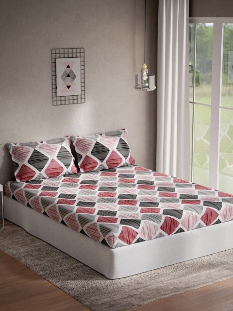 DDecor Red & Grey Printed 144 TC King Bedsheet with 2 Pillow Covers