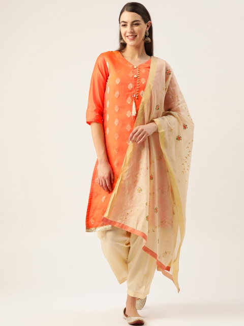 Kvsfab Coral Orange & White Woven Design Unstitched Dress Material