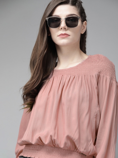 The Roadster Lifestyle Co Women Ecovero Dusty Pink Smocked Solid Blouson Top