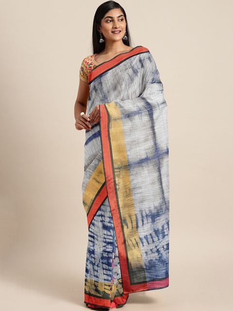 KALINI Grey & Blue Pure Linen Printed Saree