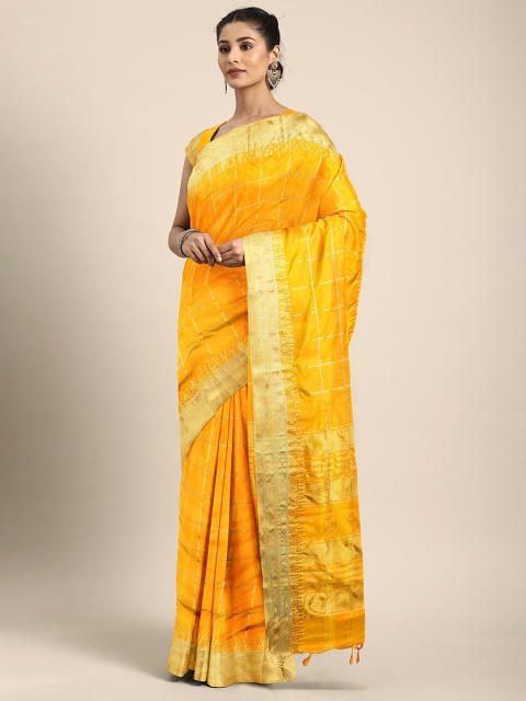 KALINI Yellow & Gold-Toned Checked Saree