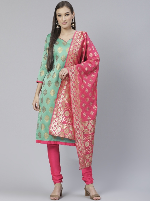 DIVASTRI Sea Green & Coral Pink Woven Design Unstitched Dress Material