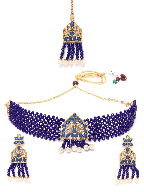 MUCH MORE Navy Blue Gold-Plated Stone Studded & Beaded Jewellery Set