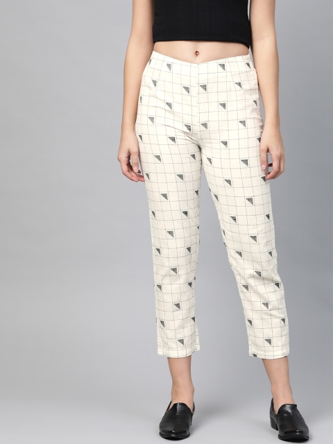 PINKSKY Women White & Black Smart Slim Fit Checked Cropped Cigarette Trousers