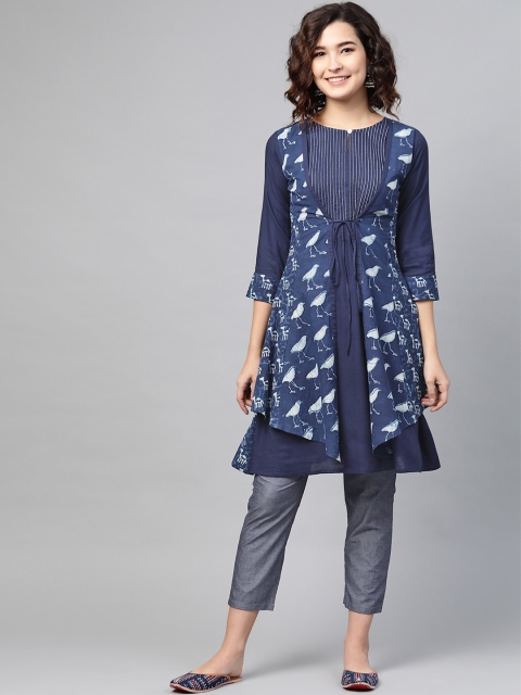 PINKSKY Women Navy Pure Cotton Printed Layered Sustainable Handicrafts Kurta with Trousers, Navy blue
PINKSKY Women Navy Pure Cotton Printed Layered Sustainable Handicrafts Kurta with Trousers, Navy blue