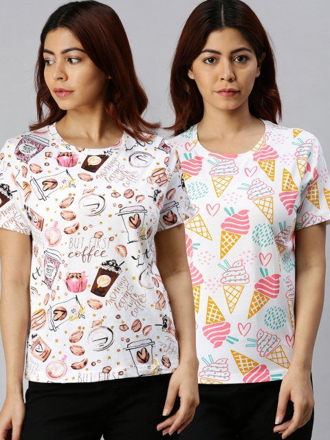 JUNEBERRY Women Pack Of 2 White Printed Round Neck T-shirt