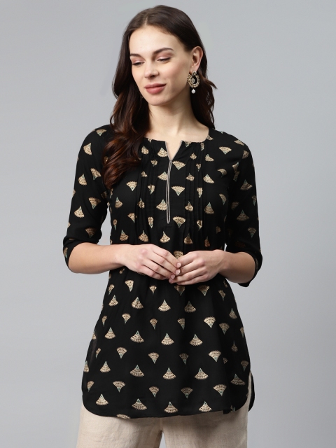 Anubhutee Women Black & Golden Foil Printed Straight Kurta