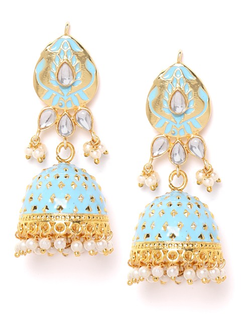 ANESH Blue Gold-Plated Kundan Studded & Beaded Handcrafted Enamelled Dome Shaped Jhumkas
ANESH Blue Gold-Plated Kundan Studded & Beaded Handcrafted Enamelled Dome Shaped Jhumkas