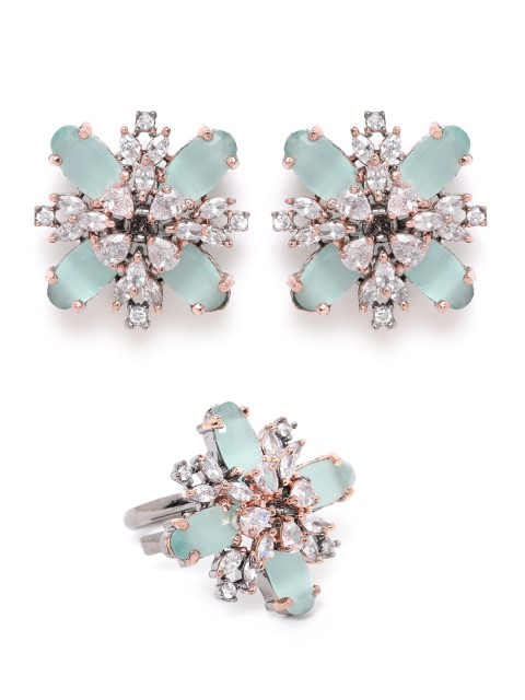 ANESH Green Rhodium-Plated CZ Studded Handcrafted Adjustable Finger Ring with Earrings
ANESH Green Rhodium-Plated CZ Studded Handcrafted Adjustable Finger Ring with Earrings