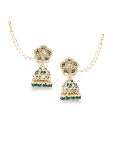 ANESH Green Gold-Plated Kundan-Studded Handcrafted Dome Shaped Jhumkas with Kaan Chain
ANESH Green Gold-Plated Kundan-Studded Handcrafted Dome Shaped Jhumkas with Kaan Chain