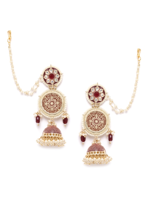 ANESH Maroon Gold-Plated Handcrafted Enamelled Kundan Dome Shaped Jhumkas with Ear Chains
ANESH Maroon Gold-Plated Handcrafted Enamelled Kundan Dome Shaped Jhumkas with Ear Chains