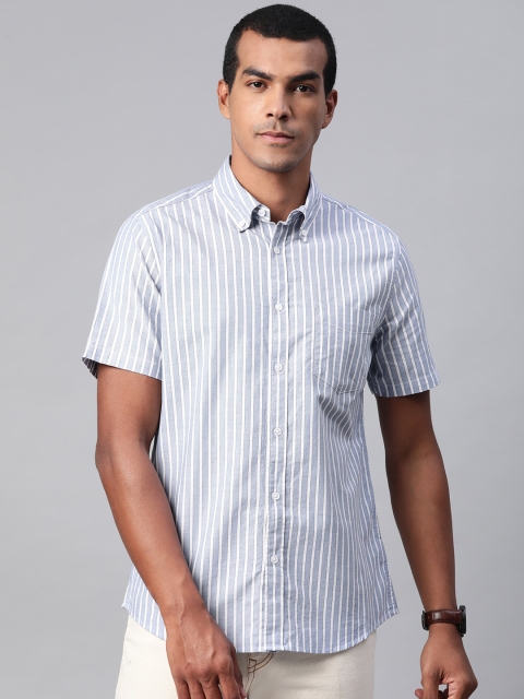 Marks & Spencer Men Blue & White Cotton Slim Fit Striped Casual Shirt