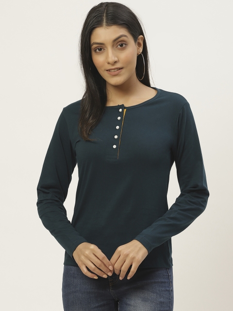 The Dry State Women Teal Blue Solid Cotton Henley Neck T-shirt