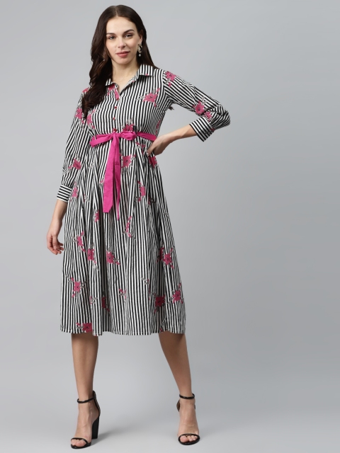 mokshi Women White & Black Cotton Striped Shirt Dress With Belt