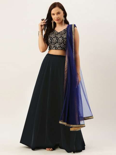 EthnoVogue Navy Blue Unstitched Lehenga & Blouse with Dupatta