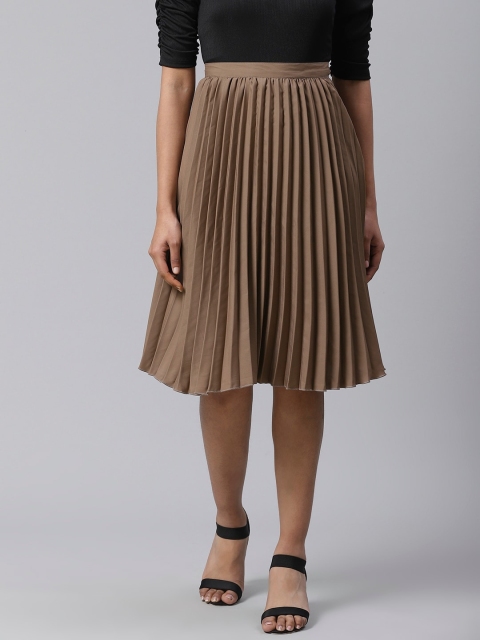 Ives Brown Accordion Pleated Knee Length A-Line Skirt