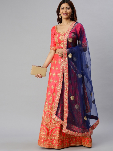 Mitera Pink & Navy Blue Embroidered Semi-Stitched Lehenga & Unstitched Blouse with Dupatta