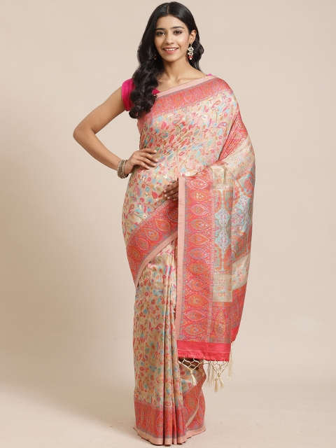 Mitera Beige & Pink Liva Floral Woven Design Saree