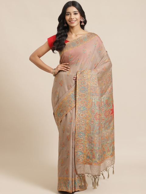 Mitera Grey Orange Zari Woven Design Celebrity Liva Saree